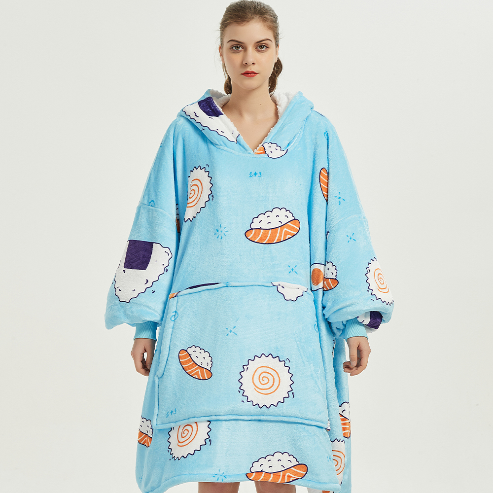 Front view of the Sushi Roll wearable blanket showing the sherpa-lined hood and kangaroo pocket