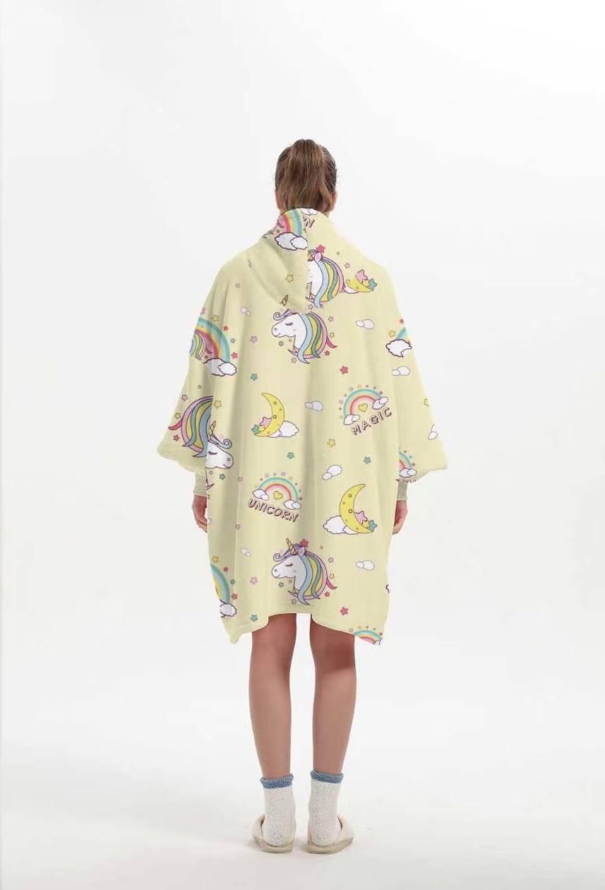 Back view of the Unicorn Dream wearable blanket showing the all-over unicorn, rainbow and moon print