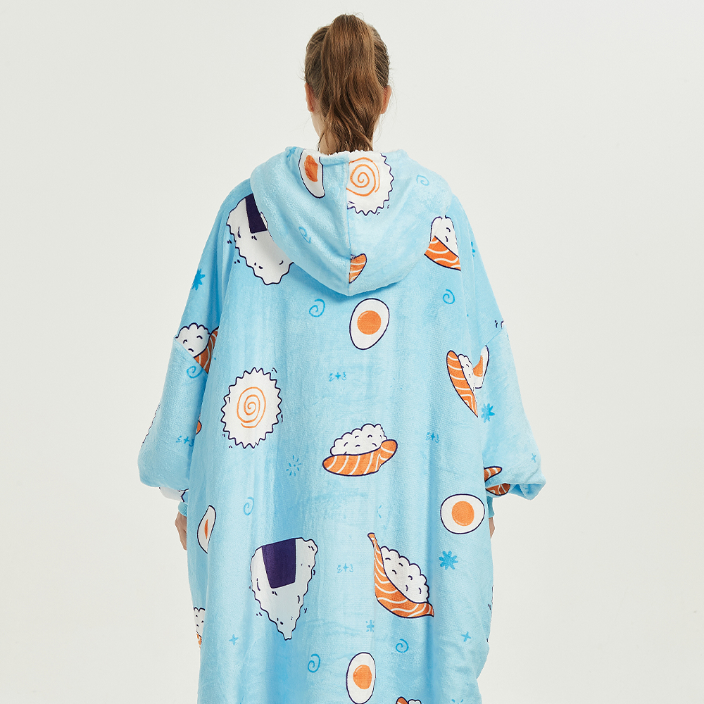Back view of the Sushi Roll wearable blanket with the hood up showing the nigiri and onigiri print